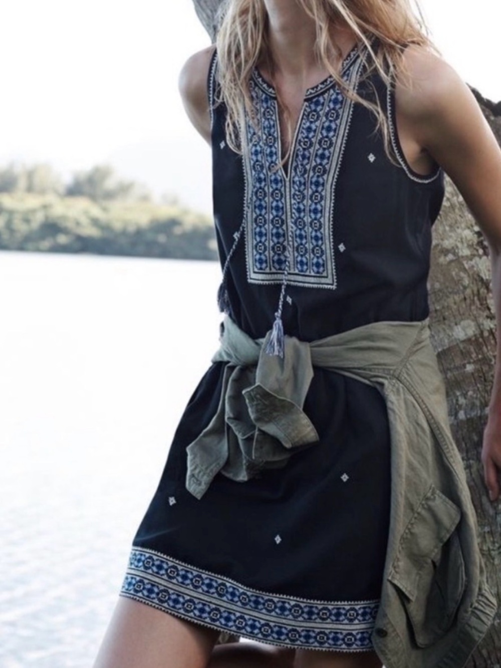 Madewell Embroidered Dress Sleeveless Shift Navy Cotton Size 6 Boho Coastal